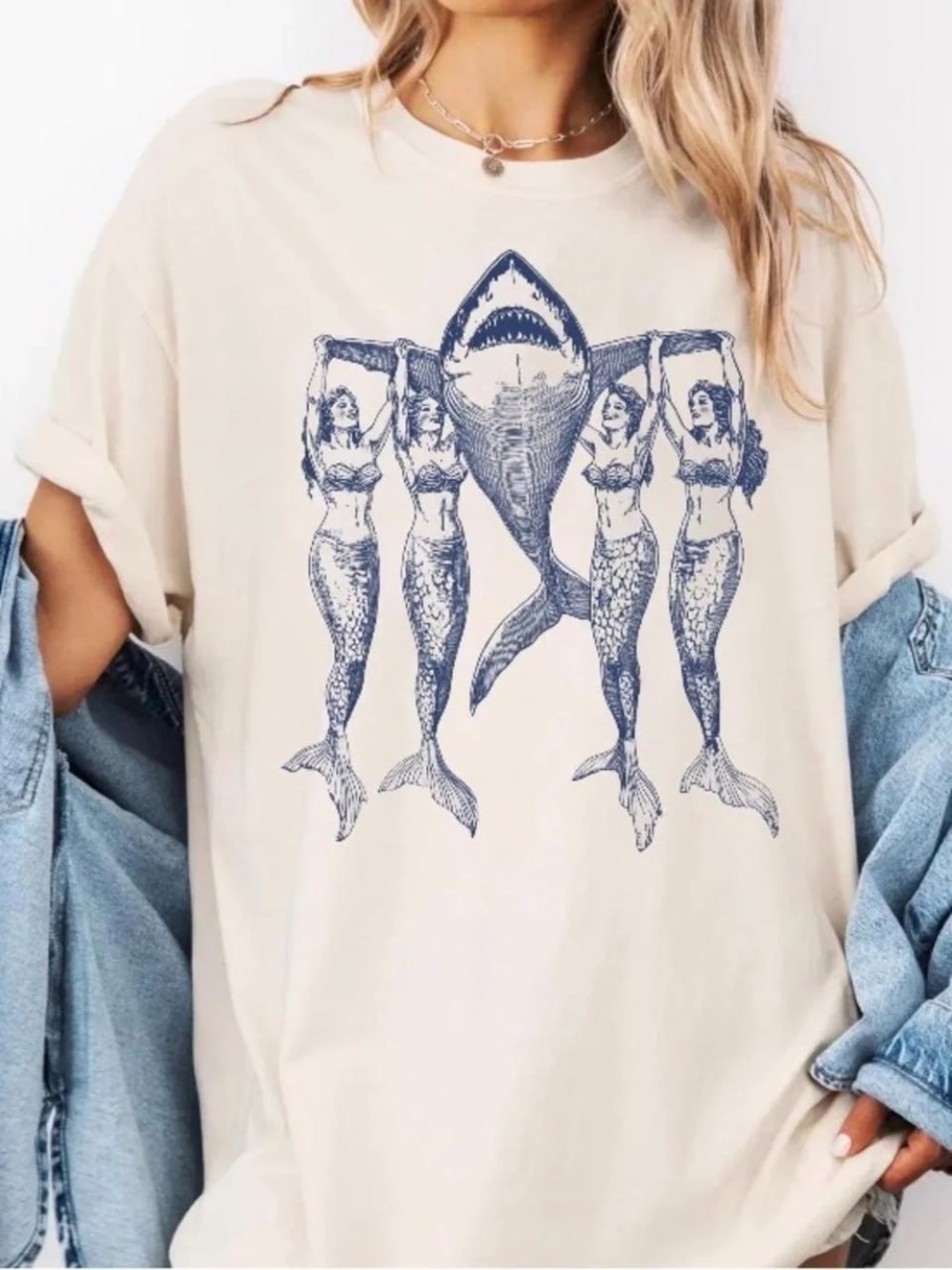 Cream Tee with Navy Shark & Mermaids Graphic